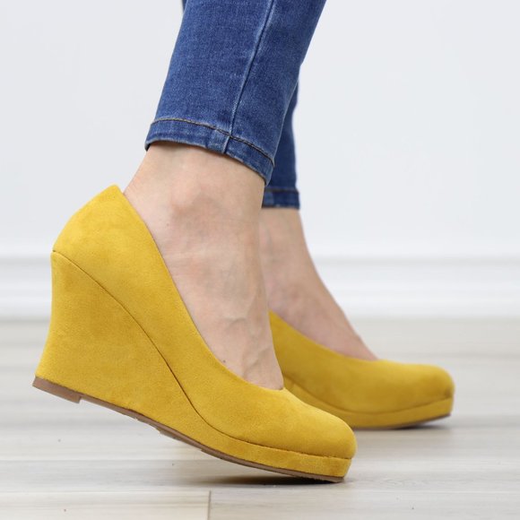 Mustard Faux Suede Close Round Toe Wedge High Heel - Picture 5 of 11